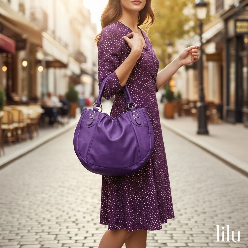 Lilu. Purple Faux Leather Hobo Shoulder Bag W/Dual Handles Gathered Top